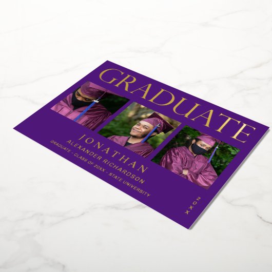 Modern 4 Foto Folie Afstuderen Aankondiging Paars (Gedraaid)