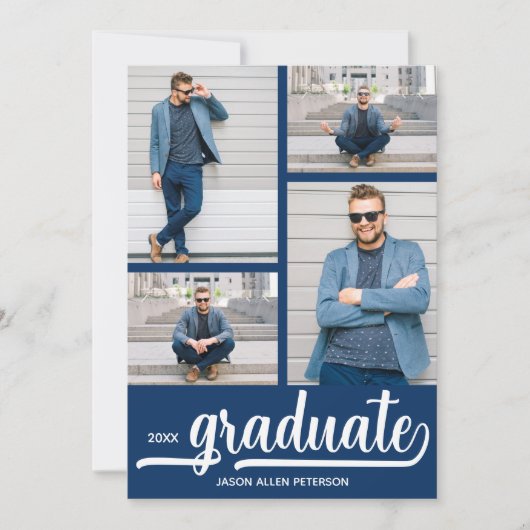 Modern 4 Fotocollage Blauw Afstuderen Kaart (Voorkant)