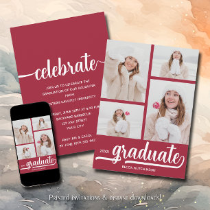Modern 4 Fotocollage Crimson rood Afstuderen Kaart
