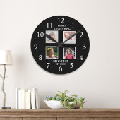 Modern 4 Fotocollage Familienaam Quote Zwart Ronde Klok