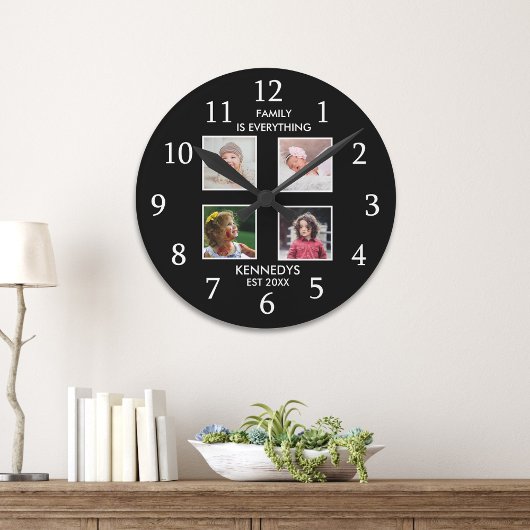 Modern 4 Fotocollage Familienaam Quote Zwart Ronde Klok