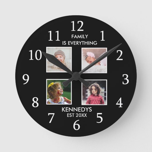 Modern 4 Fotocollage Familienaam Quote Zwart Ronde Klok (Voorkant)