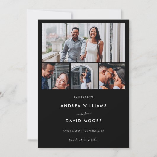 Modern 4 Fotocollage QR Code Zwart Bruiloft Save The Date (Voorkant)