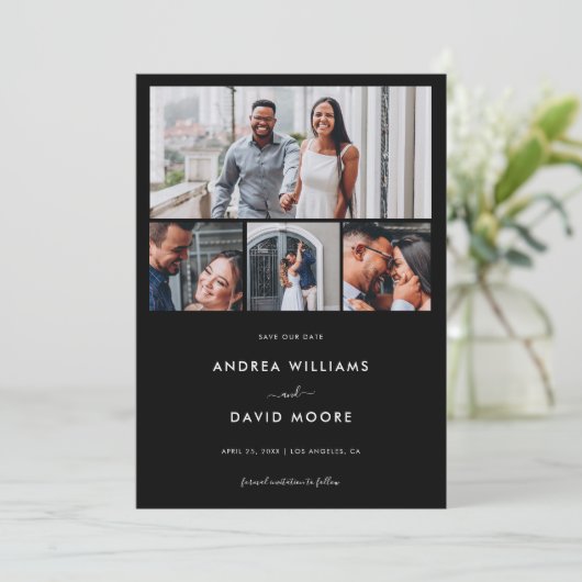 Modern 4 Fotocollage QR Code Zwart Bruiloft Save The Date (Staand voorkant)