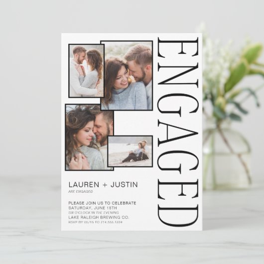 Modern 4 Fotocollage Zwart Wit Verloving Aankondiging (Staand voorkant)