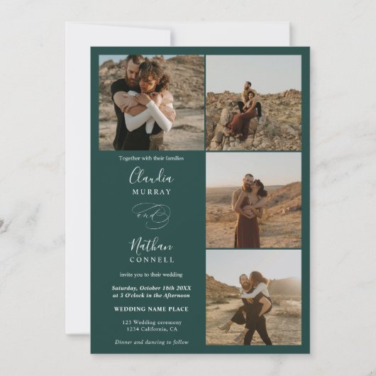 Modern 4 Foto's elegant script bruiloft donkergroe Kaart (Voorkant)