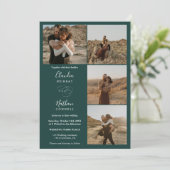 Modern 4 Foto's elegant script bruiloft donkergroe Kaart (Staand voorkant)