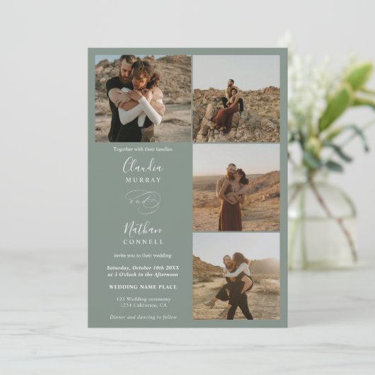 Modern 4 Foto's elegant script bruiloft salie groe Kaart (Staand voorkant)
