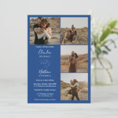 Modern 4 Foto's elegant script bruiloft wit blauw Kaart (Staand voorkant)