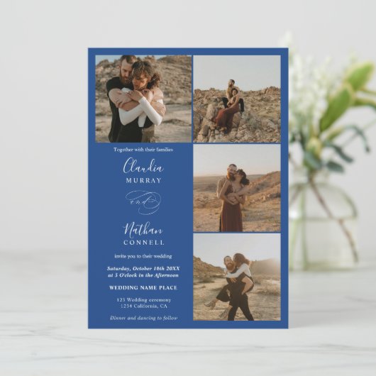 Modern 4 Foto's elegant script bruiloft wit blauw Kaart (Staand voorkant)