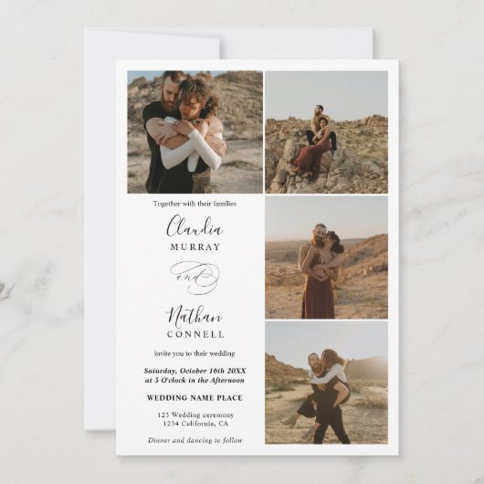 Modern 4 Foto's elegant script bruiloft zwart wit Kaart (Voorkant)