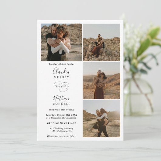 Modern 4 Foto's elegant script bruiloft zwart wit Kaart (Staand voorkant)