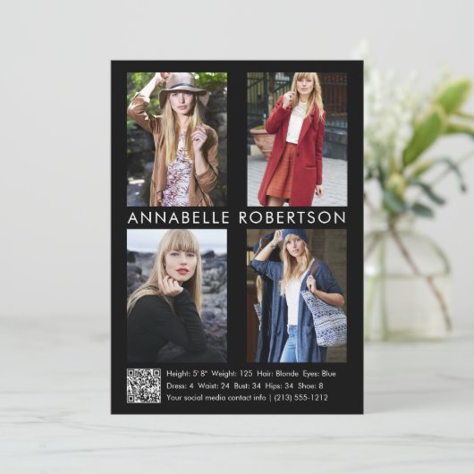 Modern 4 Foto's Model Actor QR Code Comp Kaart (Staand voorkant)