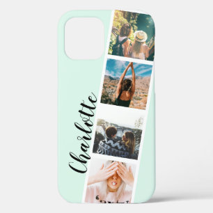 Modern 4 foto's raster collage naam op blauwgroen Case-Mate iPhone case