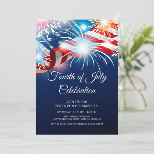 Modern 4 juli Fireworks Invitation Kaart (Staand voorkant)