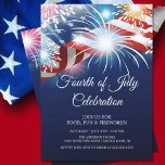 Modern 4 juli Fireworks Invitation Kaart<br><div class="desc">Moderne vuurwerk vierde uitnodiging van juli met blauw, rood en wit vuurwerk & amerikaanse vlagvertoning geplaatst op een blauwe achtergrond. Draai de rug van onze zomerpatriottische vakantie om naar het uitzicht te gaan om een tegenhanger te vinden. Stijlvolle uitnodiging voor een herdenkingsdag barbecue, 4 juli koekje uit, dag van de...</div>