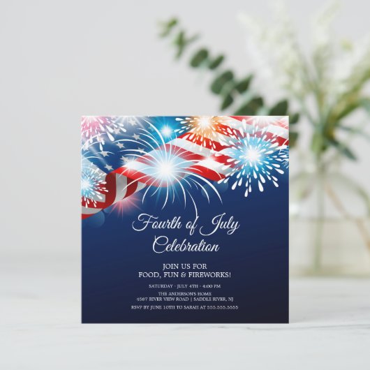 Modern 4 juli Fireworks Invitation Kaart (Staand voorkant)