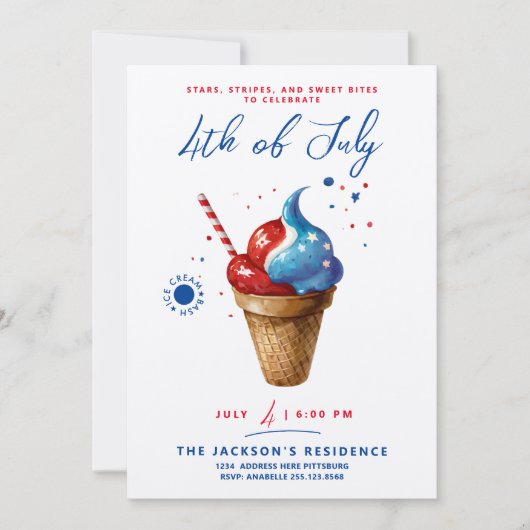 Modern 4 juli Ice Cream US Flag Waterverf Kaart (Voorkant)