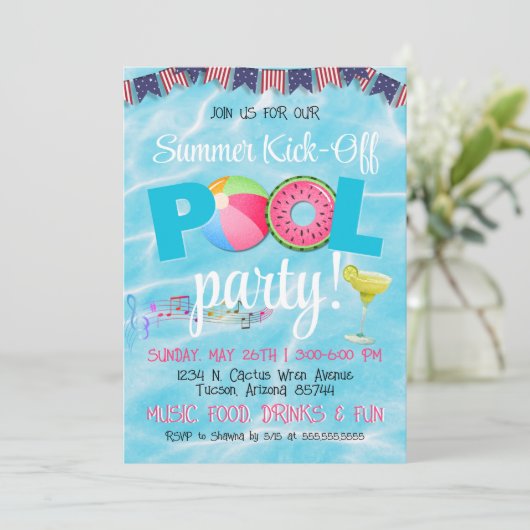 Modern 4 juli Patriottisch Pool Party Kaart (Staand voorkant)