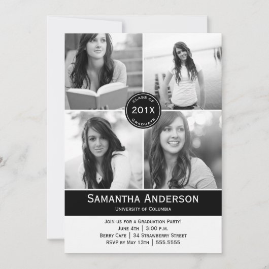 Modern 4 Photo Afstuderen Invitation - Black Kaart (Voorkant)