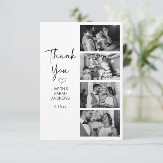 Modern 4 Photo Black White Filmstrip Wedding  Bedankkaart (Staand voorkant)