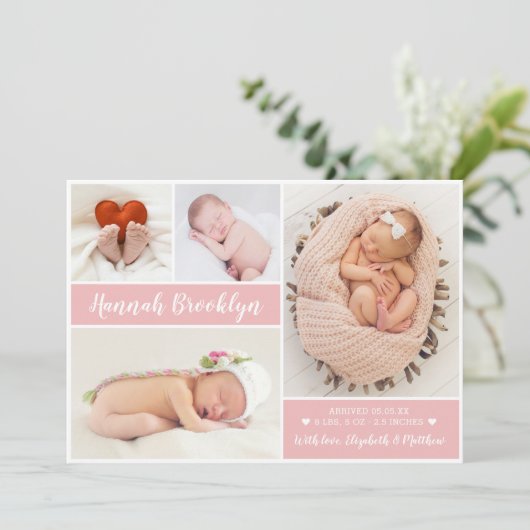 Modern 4 Photo Collage Birth Announcement Card Aankondiging (Staand voorkant)