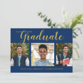 Modern 4 Photo Collage Blue Gold Afstuderen Aankondiging (Staand voorkant)