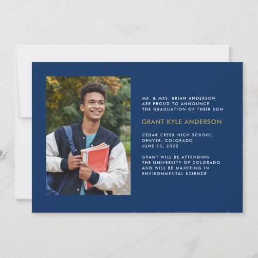 Modern 4 Photo Collage Blue Gold Afstuderen Aankondiging (Achterkant)