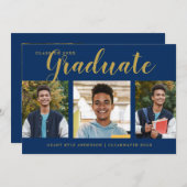 Modern 4 Photo Collage Blue Gold Afstuderen Aankondiging (Voorkant / Achterkant)