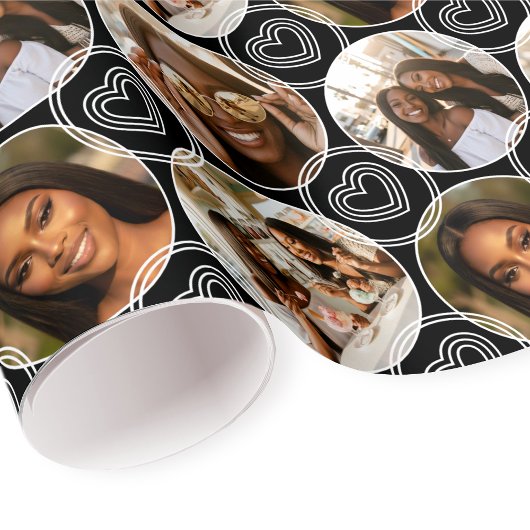 Modern 4 Photo Collage Circle Heart Pattern Black Cadeaupapier