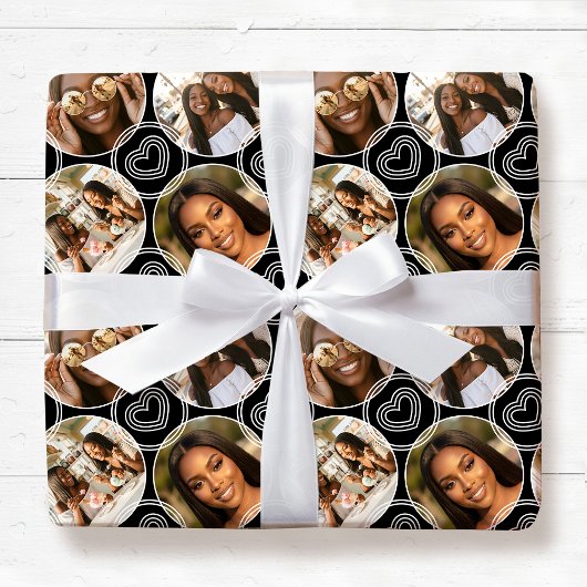 Modern 4 Photo Collage Circle Heart Pattern Black Cadeaupapier