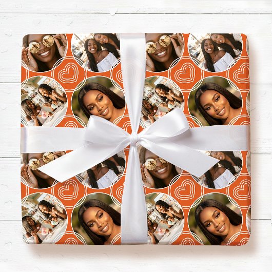 Modern 4 Photo Collage Circle Heart Pattern Orange Cadeaupapier