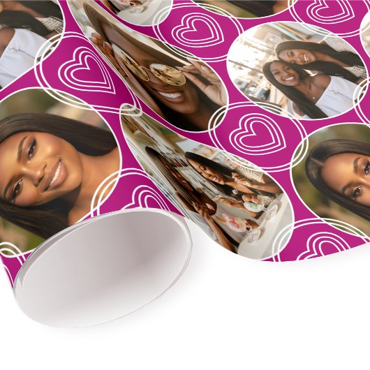 Modern 4 Photo Collage Circle Heart Pattern Pink Cadeaupapier