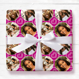 Modern 4 Photo Collage Circle Heart Pattern Pink Cadeaupapier
