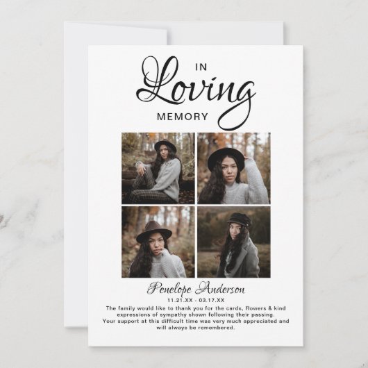 Modern 4 Photo Collage Funeral Bedankkaart (Voorkant)
