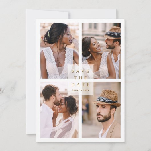 Modern 4 Photo Collage Gold Wedding Save The Date (Voorkant)