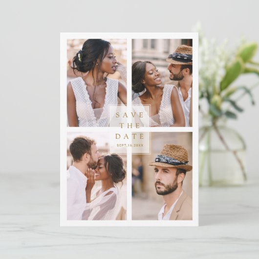 Modern 4 Photo Collage Gold Wedding Save The Date (Staand voorkant)