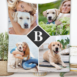 Modern 4 Photo Collage Monogram Pet Hondenliefhebb Fleece Deken