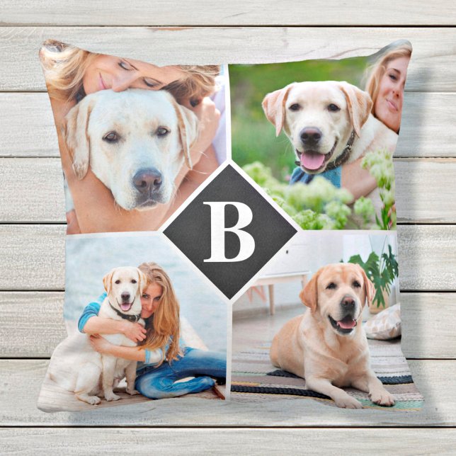 Modern 4 Photo Collage Monogram Pet Hondenliefhebb Kussen (Creator heeft geüpload)