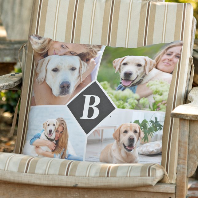Modern 4 Photo Collage Personalized Monogram Dog Buitenkussen (Creator heeft geüpload)