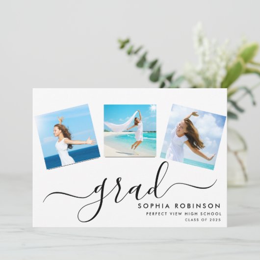 Modern 4 Photo Collage Script Afstudeerfeest Kaart (Staand voorkant)