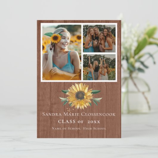 Modern 4 Photo Collage Sunflower afstuderen Rustic Aankondiging (Staand voorkant)