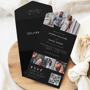 Modern 4 Photo Collage Typography Black Wedding All In One Uitnodiging