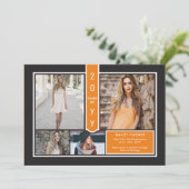 Modern 4-Photo College Oranje en zwart Afstuderen Aankondiging (Staand voorkant)