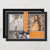 Modern 4-Photo College Oranje en zwart Afstuderen Aankondiging (Voorkant / Achterkant)