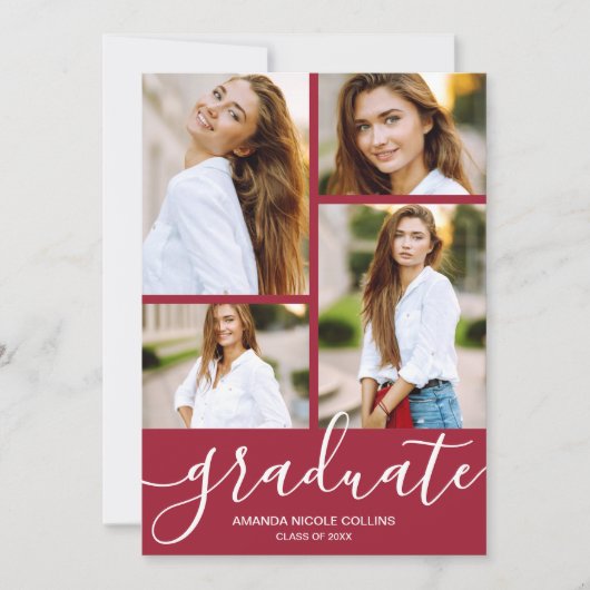 Modern 4 Photo Crimson Afstuderen Aankondiging (Voorkant)
