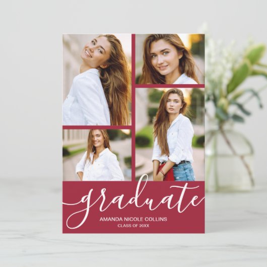 Modern 4 Photo Crimson Afstuderen Aankondiging (Staand voorkant)