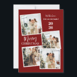 Modern 4 Photo Polaroid Grid Merry Christmas Feestdagenkaart<br><div class="desc">Capture all your favorite holiday memories with this fun and modern 4-photo polaroid-style Christmas design. The vibrant red backdrop and trendy vertical typography create a joyful and casual greeting that perfectly showcases your family’s festive spirit</div>