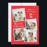 Modern 4 Photo Polaroid Grid Merry Christmas Feestdagenkaart<br><div class="desc">Capture all your favorite holiday memories with this fun and modern 4-photo polaroid-style Christmas design. The vibrant red backdrop and trendy vertical typography create a joyful and casual greeting that perfectly showcases your family’s festive spirit</div>