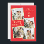 Modern 4 Photo Polaroid Grid Merry Christmas Feestdagenkaart<br><div class="desc">Capture all your favorite holiday memories with this fun and modern 4-photo polaroid-style Christmas design. The vibrant red backdrop and trendy vertical typography create a joyful and casual greeting that perfectly showcases your family’s festive spirit</div>